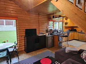 cocina y sala de estar de una cabaña de madera en Holiday house/Brīvdienu māja in Kegums, en Ķegums