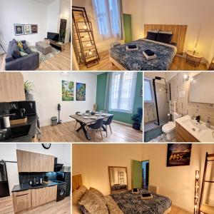 un collage de photos d'une chambre dans l'établissement Nimes: Appartement l'Auguste Centre-Ville., à Nîmes