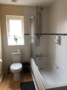 a bathroom with a toilet and a tub and a window at Greyfriar House in Brumby