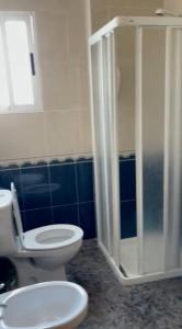 uma casa de banho com um WC e uma cabina de duche em vidro. em Hotel restaurante Palacio Fes em Múrcia