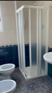 uma casa de banho com um chuveiro, um WC e um lavatório. em Hotel restaurante Palacio Fes em Múrcia