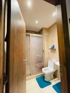 een badkamer met een toilet en een glazen douche bij Appartement luxueux au centre de marrakech in Marrakesh