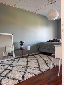 a living room with a bed and a rug at A stylish, newly decorated home! in Raahe
