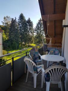 d'un balcon avec une table et des chaises et une vue sur les bois. dans l'établissement Ferienwohnung Rhön Verliebt, à Abtsroda