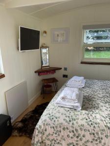 a bedroom with a bed and a flat screen tv at Muffins Meadow Shepherds Hut in Tillingham