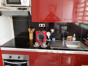 una pequeña cocina con fregadero y armarios rojos en ptit coin hibiscus en Pointe-Noire