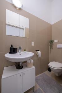 a bathroom with a white sink and a toilet at My city apartment vienna- one Bedroom in Vienna