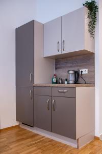 a kitchen with gray and white cabinets and a counter at My city apartment vienna- one Bedroom in Vienna