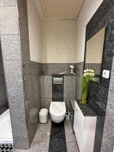 ein Badezimmer mit Toilette, Waschbecken und Badewanne in der Unterkunft Ebony & Ivory Ferienwohnung in Steinhude