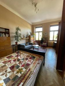 a living room with a bed and a couch at Apartmán v historickom centre Košíc in Košice