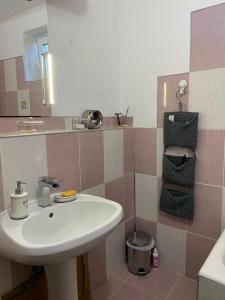 La salle de bains est pourvue d'un lavabo blanc et d'un miroir. dans l'établissement Andreea Residence, à Ghimbav