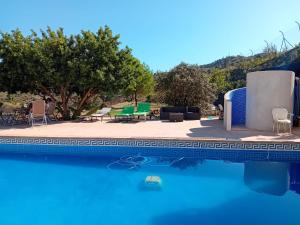 una piscina con agua azul, sillas y árboles en Casa Montaña Vélez-Málaga B&B, en Vélez-Málaga