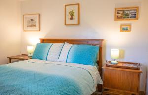 1 dormitorio con 1 cama azul y 2 lámparas en Half of 12 Camustianavaig, en Camastianavaig