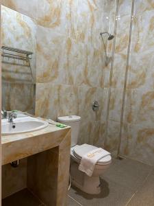 a bathroom with a toilet and a sink and a shower at GRAND PANDAN HOTEL in Halangan