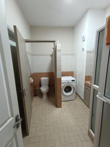 a bathroom with a toilet and a washing machine at Cathy´s Home in Flic-en-Flac