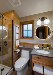 een badkamer met een toilet, een wastafel en een spiegel bij Bear Hill Lodge in Jasper