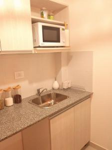a kitchen with a sink and a microwave at Mono Neuquen in Neuquén