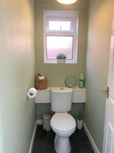 a bathroom with a white toilet and a window at Shipmeadow Cosy Cottage in Beccles