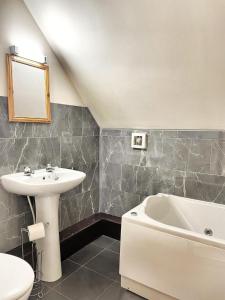 a bathroom with a sink and a bath tub at PrancingHare Lodge-Woodland Lodges-Pembrokshire in Carmarthen