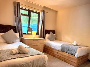 a bedroom with two beds and a window at PrancingHare Lodge-Woodland Lodges-Pembrokshire in Carmarthen