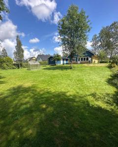 un gran patio con una casa y un árbol en 3bdr Family Friendly Villa 15 min from Ullared en Älvsered