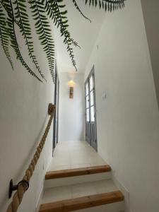 a hallway with white walls and stairs with a window at Los Nidos Apartments, Frigiliana in Frigiliana