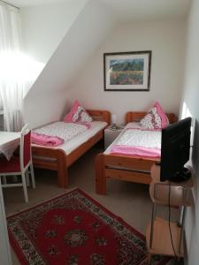 duas camas num quarto com um tapete vermelho em Gaestehaus jagsttalblick em Langenburg