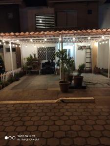 a patio with potted plants in a building at night at Orange Blossom in Riobamba