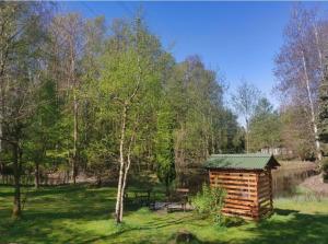 uma cabana de madeira num campo com uma mesa de piquenique em Ranczo u Andrzeja em Rybaki