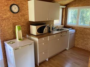a kitchen with a microwave and a sink and a refrigerator at Pivert in Auvernier