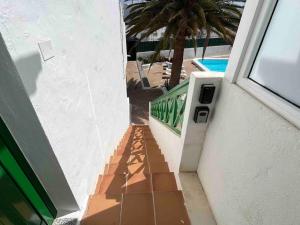 uma escada que leva a uma casa com uma palmeira em 1 Bedroom apartment in Puerto del Carmen, Lanzarote with pool view em Puerto del Carmen
