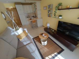 uma sala de estar com um sofá e uma televisão em Mirador Mar de Castelao, 1ª línea de playa urbana em Vilanova de Arousa