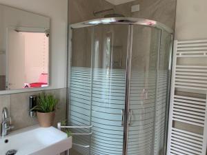 a shower in a bathroom with a sink and a mirror at Villa Marta bed and breakfast in Gussago