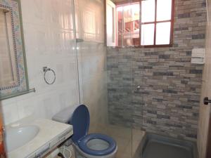 ein Badezimmer mit einem blauen WC und einem Waschbecken in der Unterkunft Hostal Dinosaurio in Torotoro