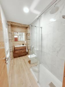 a bathroom with a shower and a toilet and a sink at Apartamento Albar in Poio