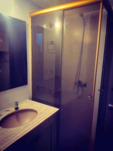 a bathroom with a shower and a sink at Patio Urbano Suites & beds in Montevideo