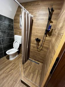 a bathroom with a toilet and a shower with a shower curtain at Vikendica Šumski mir Romanija-Sokolac-Sarajevo-Jahorina in Sokolac