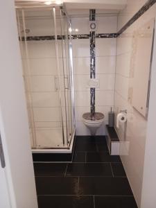 a bathroom with a toilet and a glass shower at Moderne Wohnung in ruhiger Lage in Stolberg