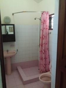 baño con cortina de ducha rosa y aseo en serene home in DIani en Kwale