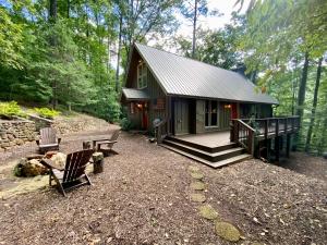 eine kleine grüne Hütte im Wald mit zwei Bänken in der Unterkunft New Listing! Romantic Mountain Hideaway in Dahlonega