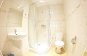 a bathroom with a shower and a toilet and a sink at Apolonia in Dziwnów