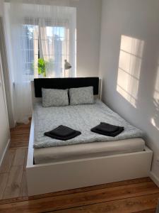 a bedroom with a bed with two pillows on it at Baron Apartments Orientarium,Aquapark Fala & Park in Łódź