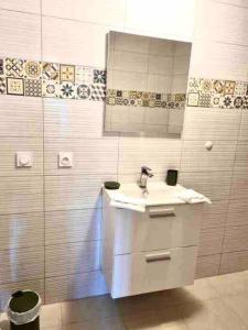 La salle de bains est pourvue d'un lavabo et d'un miroir. dans l'établissement Le St Apollinaire n°2-Ma Cabotte, à Meximieux