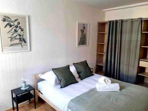 a bedroom with a bed and a book shelf at Le St Apollinaire n°2-Ma Cabotte in Meximieux