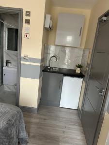 a small kitchen with a sink and a bathroom at Rockford Villa in Perivale