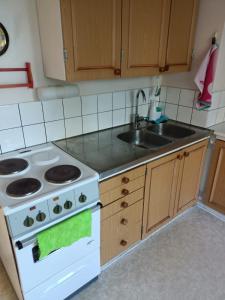 a kitchen with a white stove and a sink at Siisti valoisa kolmio in Lieksa