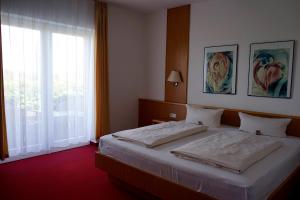 sypialnia z łóżkiem i dużym oknem w obiekcie Hainberg Hotel w mieście Habrachćicy