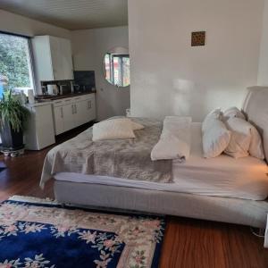 a bedroom with a large bed with pillows and a rug at Helles Appartment in Bremen