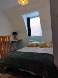 a bedroom with a bed with a window at Le Passage Secret in Saint-Omer