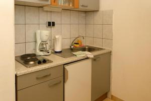eine Küche mit einer Spüle und einer Arbeitsplatte in der Unterkunft Apartment in Podersdorf am See with a bicycle storage in Podersdorf am See